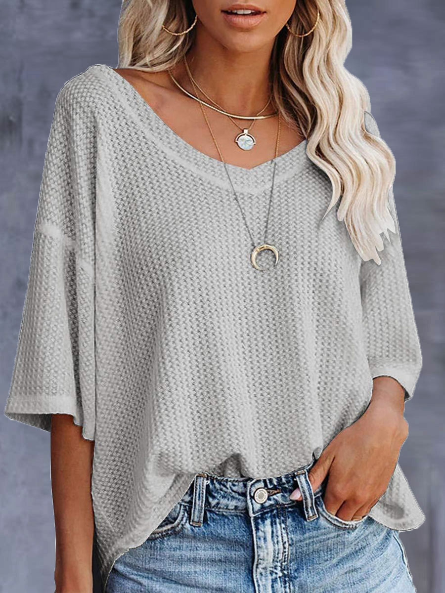 V neck Casual Loose Solid Color Short sleeved T shirt