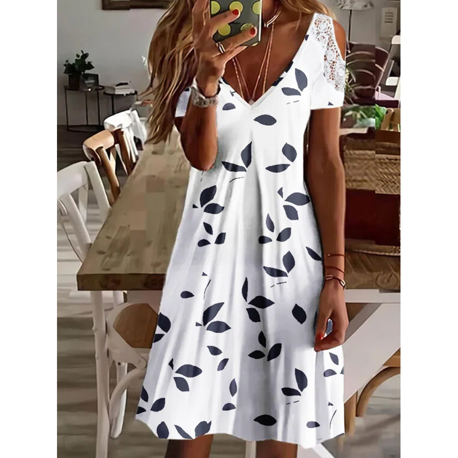 

Casual Leaf Print Short Sleeves V Neck Short Dress