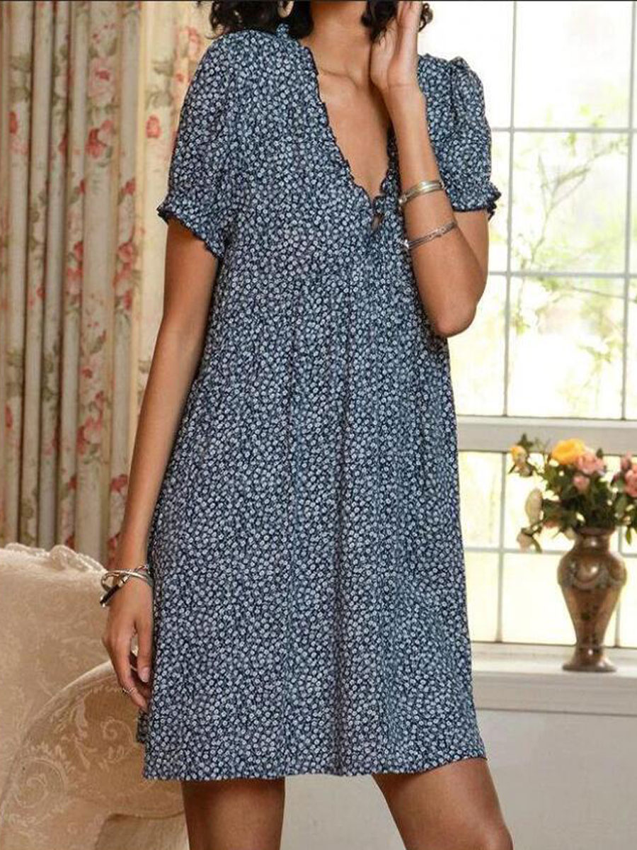 V neck Casual Loose Floral Print Short Sleeve Short Dress