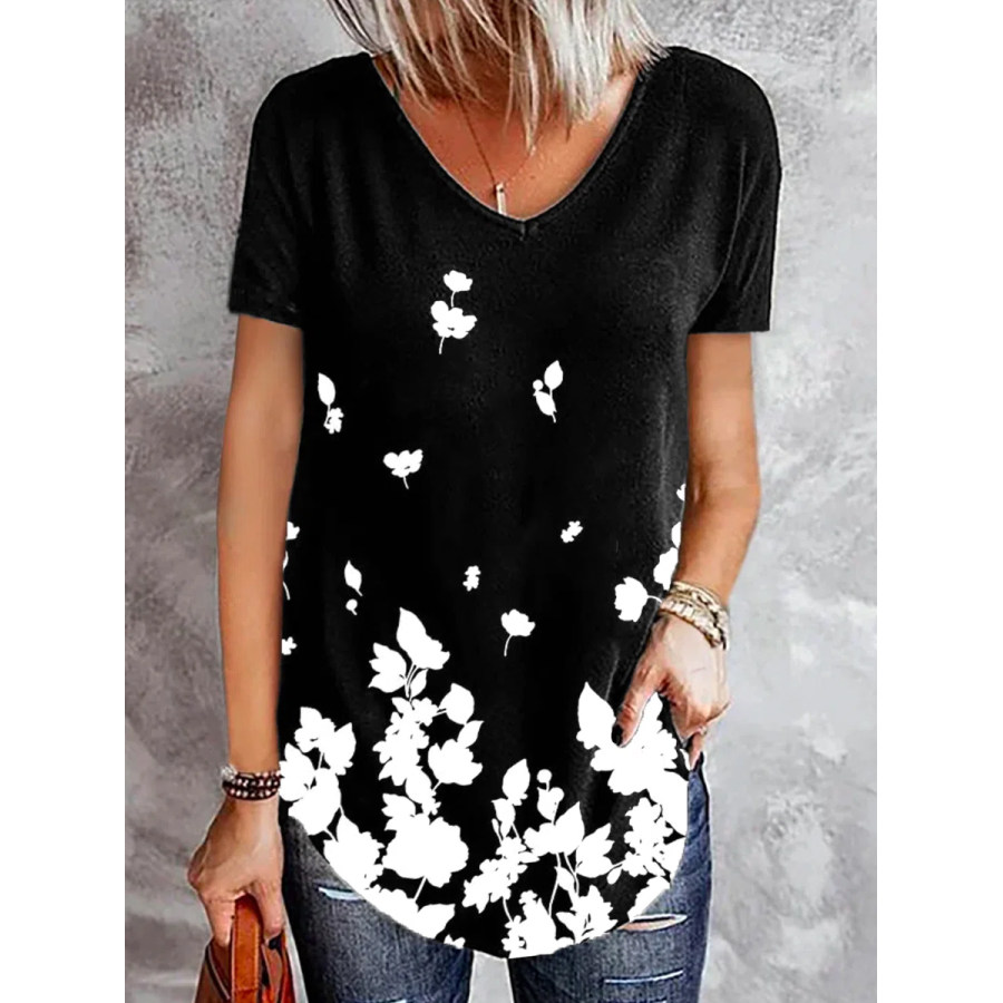 

Casual Floral Print V Neck Short Sleeve Loose T-Shirt