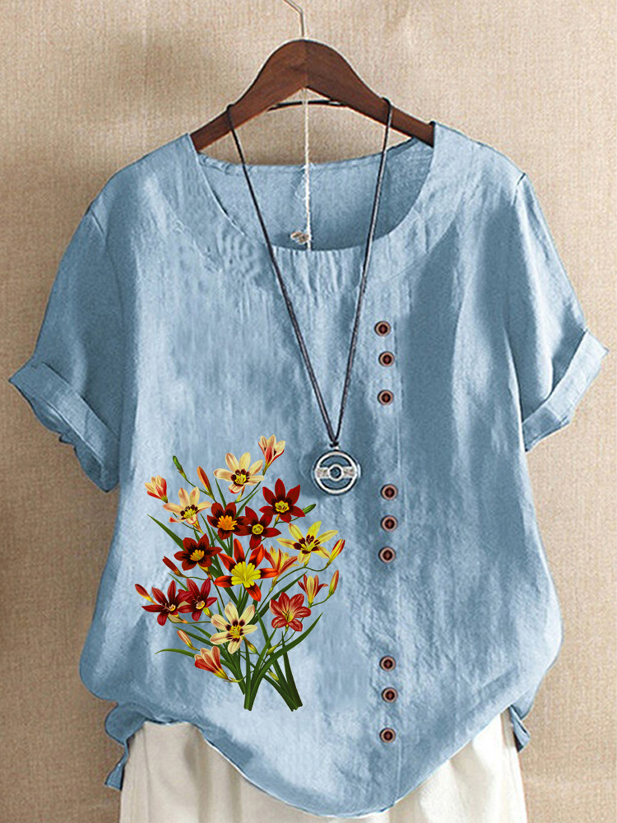 Casual Vintage Print Crew Neck Short Sleeve Blouse