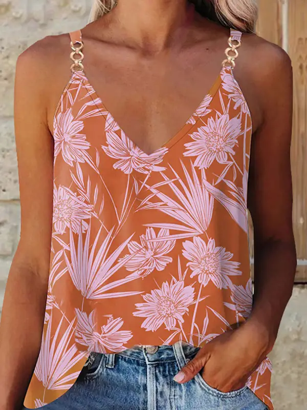 V-neck Casual Loose Floral Print Tank Top T-shirt - Oasisjoy.com 