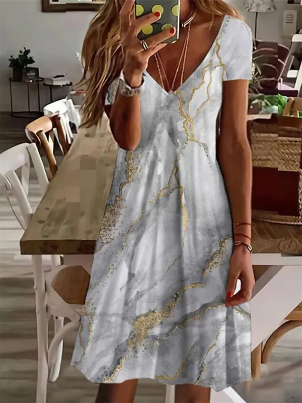 Casual Marble Print Short Sleeve V-Neck Short Dress - Oasisjoy.com 