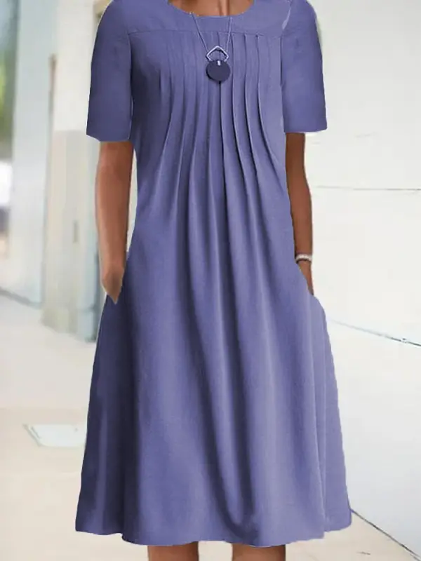 Round Neck Casual Loose Solid Color Short Sleeve Midi Dress - Oasisjoy.com 