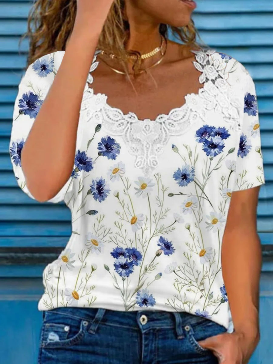 V neck Casual Loose Floral Print Lace Panel Short Sleeve T shirt