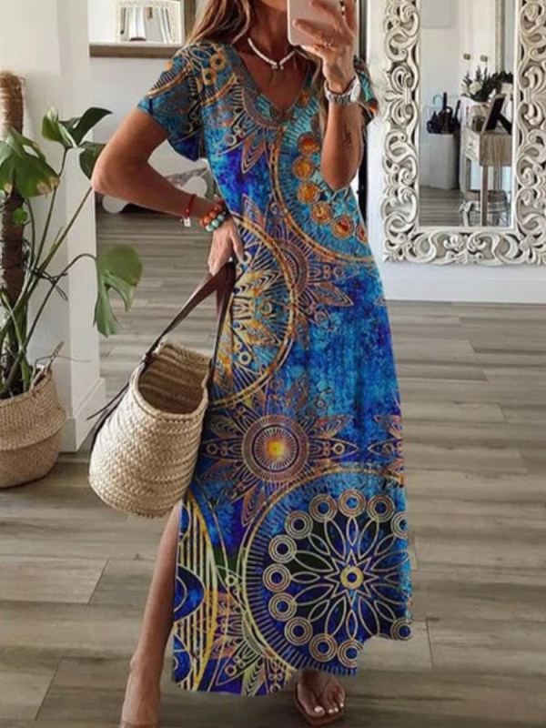 Loose Casual Abstract Print V-Neck Short Sleeve Maxi Dress