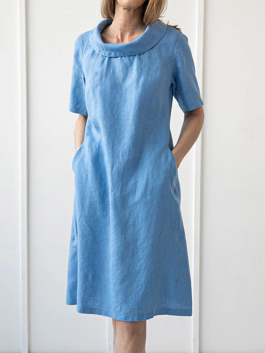 Vintage Solid Color Short Sleeves Crew Neck Midi Dress