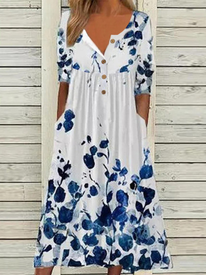 Casual Floral Print V-Neck Short Sleeve Midi Dress