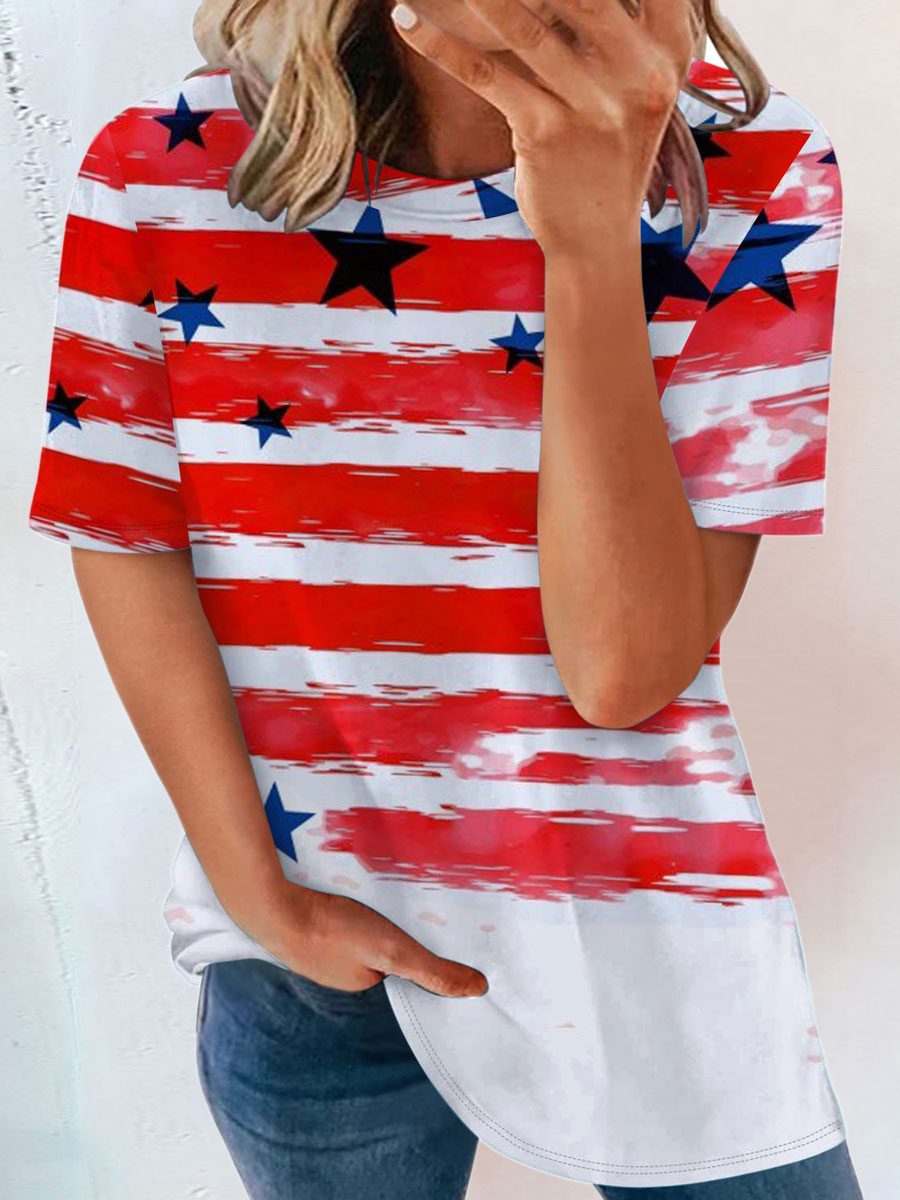 Round Neck Casual Loose Geometric Print Short Sleeve T shirt