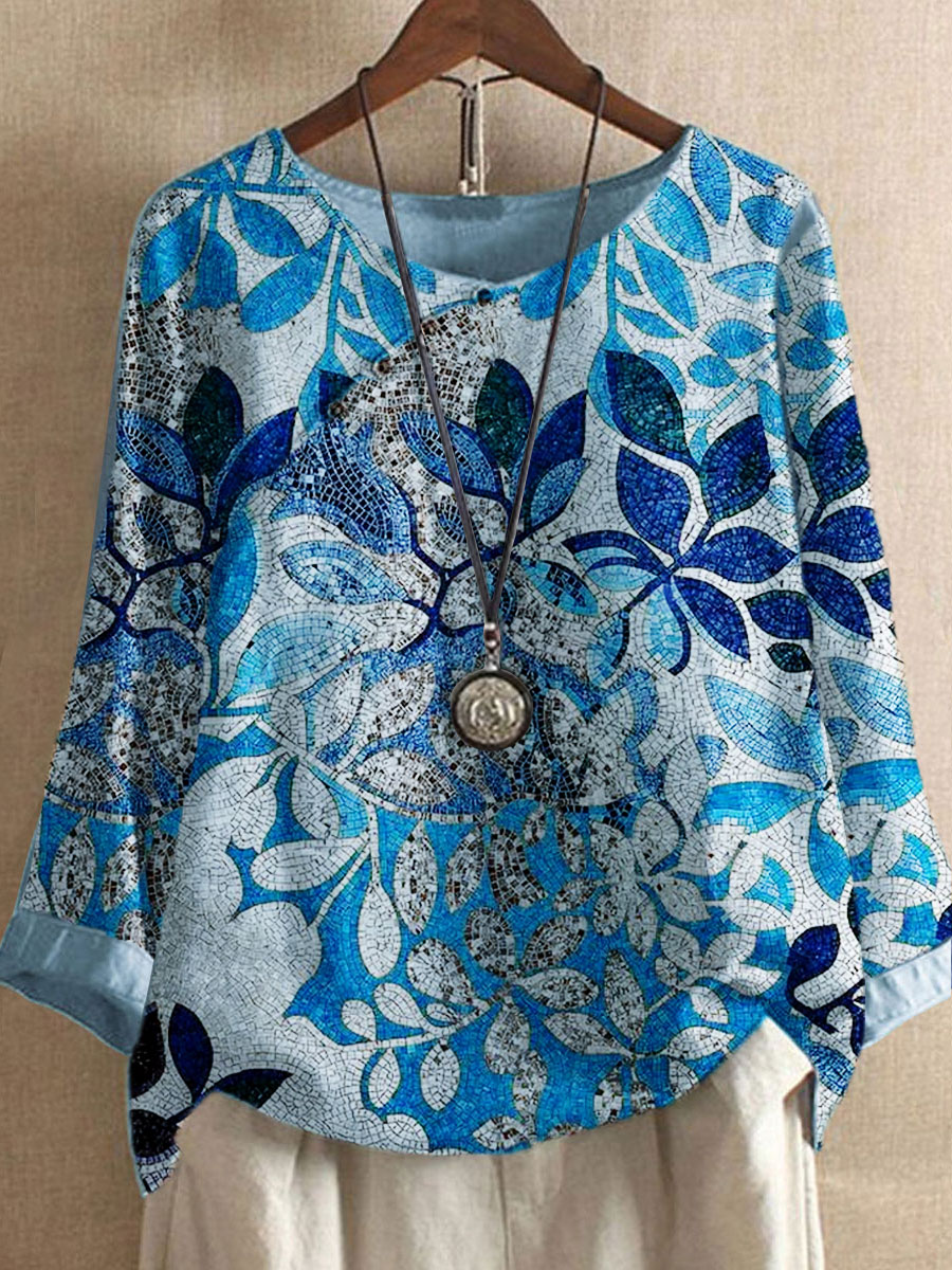 Round Neck Casual Loose Bronze Leaf Print Long Sleeve Blouse