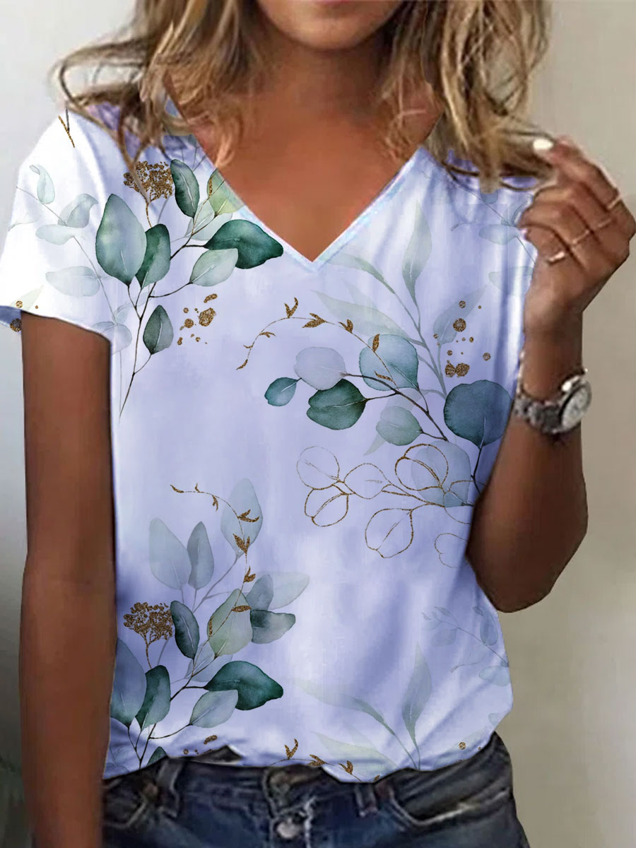 V neck Casual Loose Bronzing Print Leaf Short Sleeve T shirt