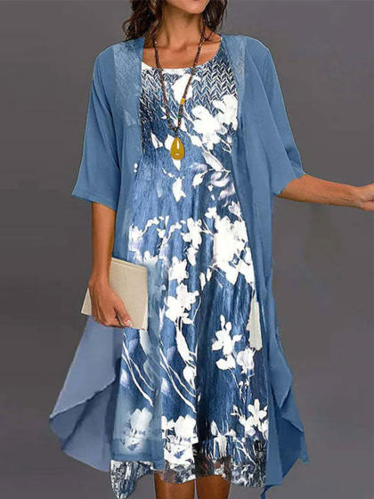 Round Neck Casual Loose Floral Print Suit Midi Dress