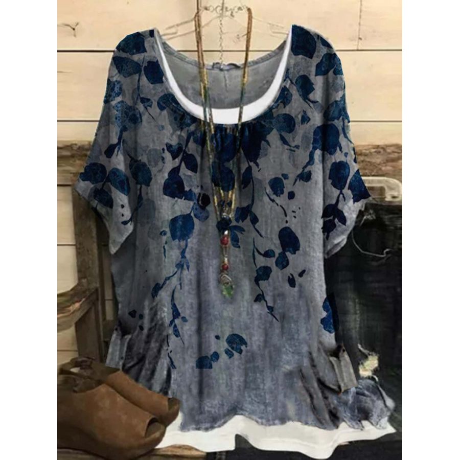 

Vintage Floral Print Crew Neck Short Sleeves Blouse