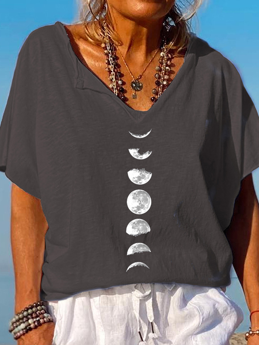 Casual Moon Print V-neck Chic Short Sleeve T-shirt