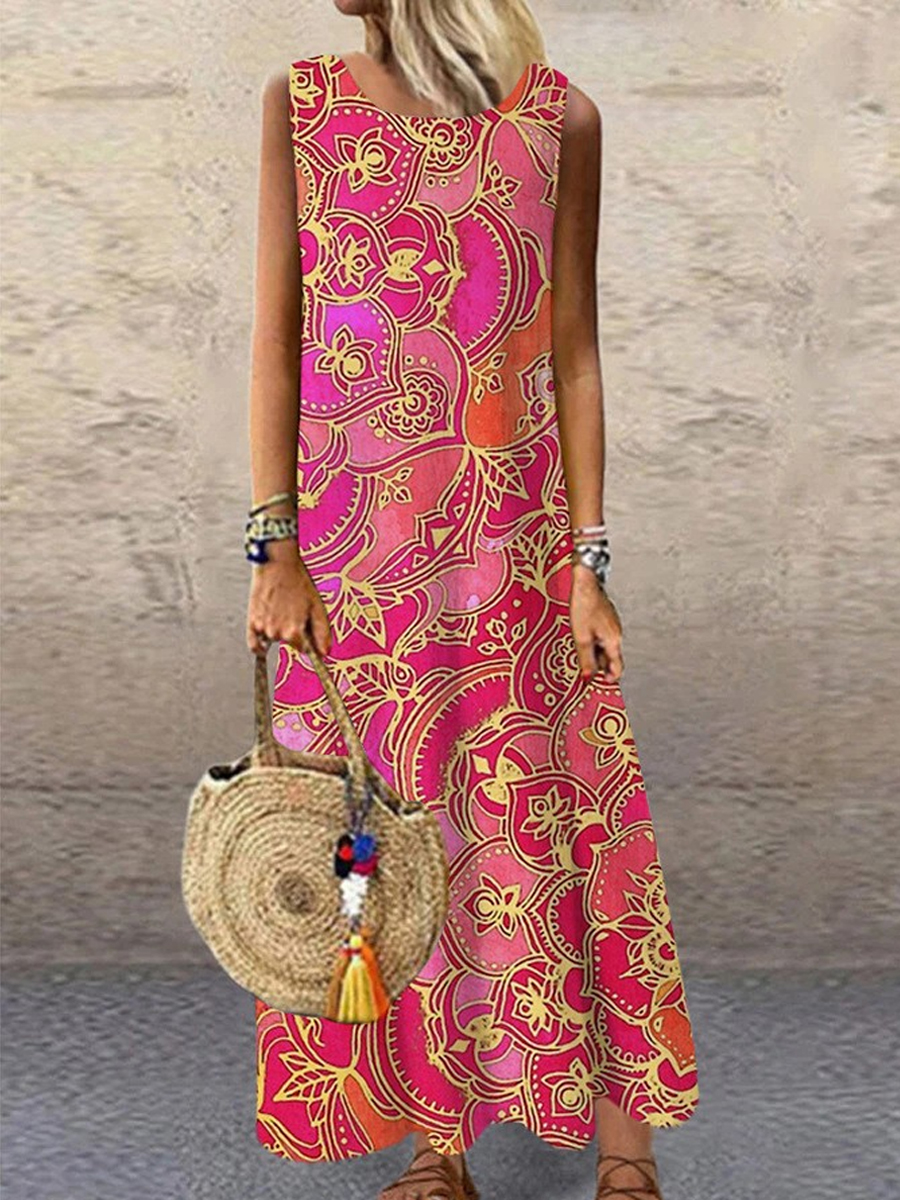 Casual Vintage Print Crew Neck Sleeveless Maxi Dress