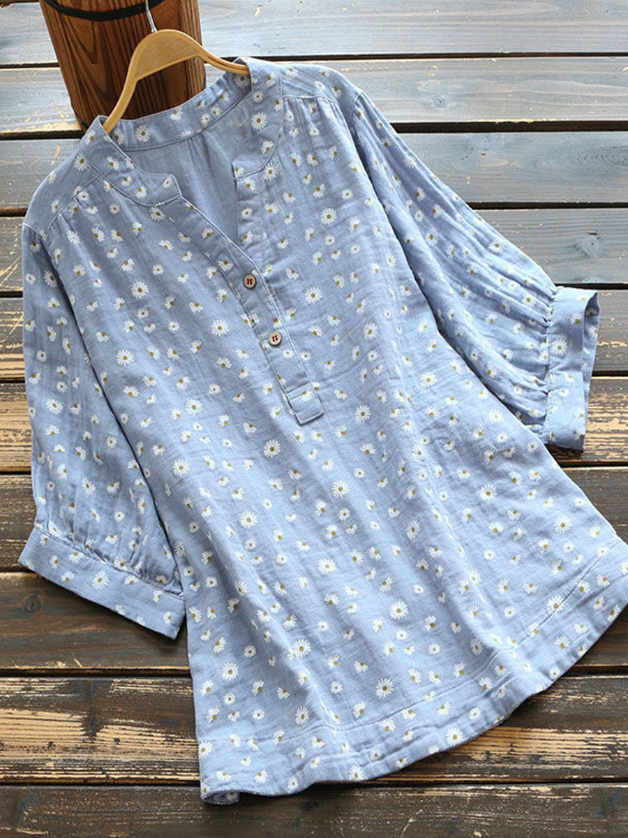 Casual Floral Print Crew Neck Three Quarter Sleeves Shirt