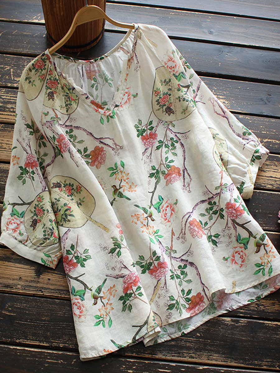 Casual Floral Print V Neck Short Sleeve Blouse