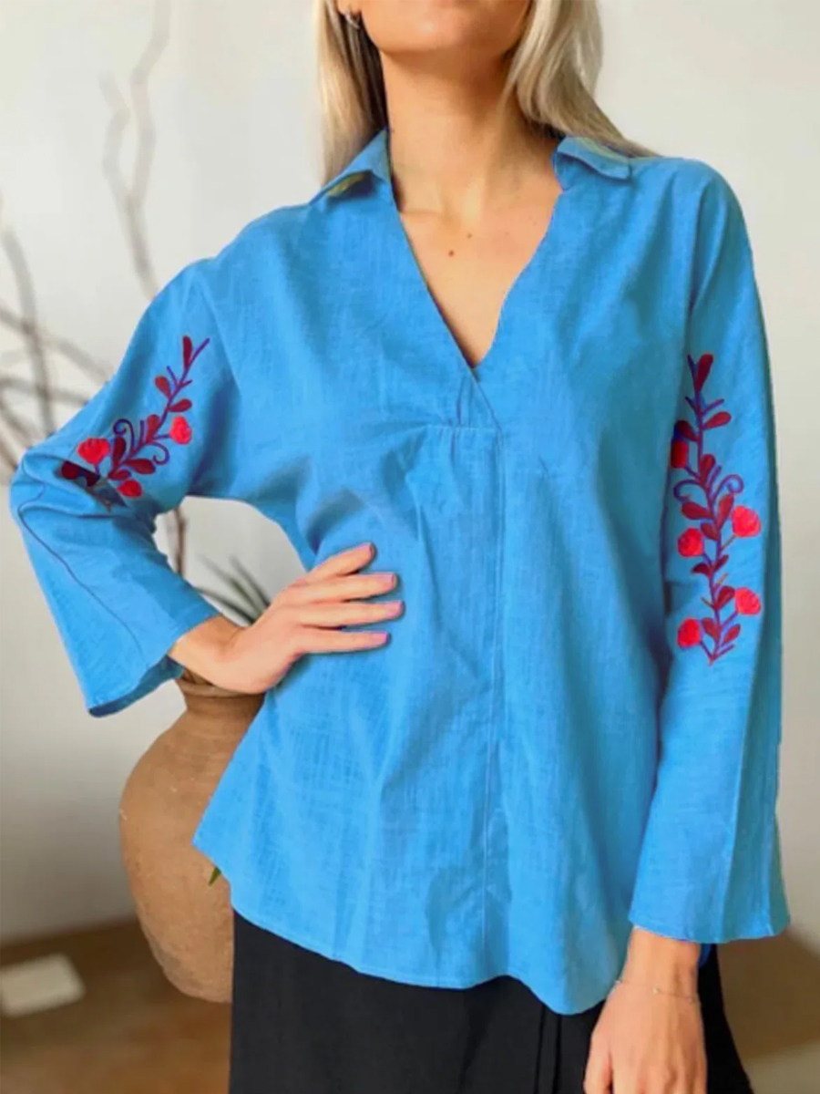 Casual Floral Print V Neck Long Sleeves Blouse