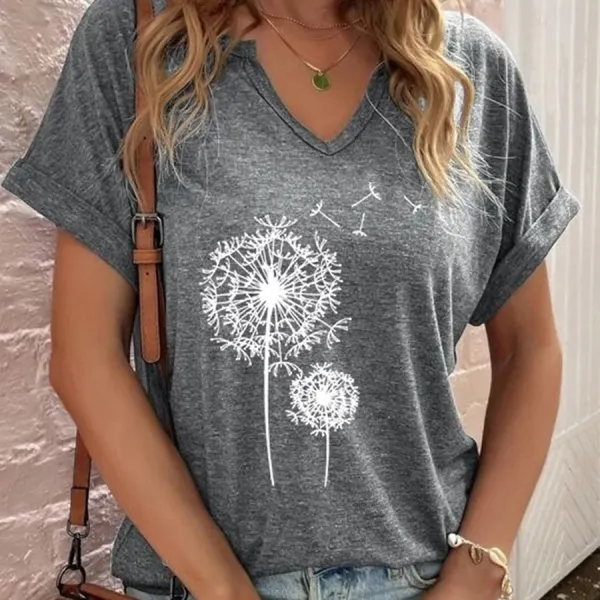 Casual Dandelion Print V Neck Short Sleeve T-Shirt - Kalesafe.com 