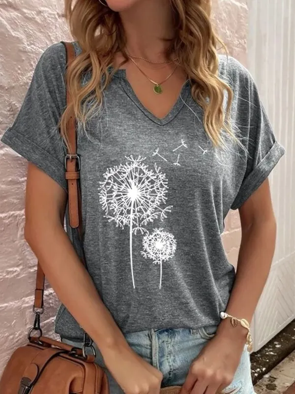 Casual Dandelion Print V Neck Short Sleeve T-Shirt - Oasisjoy.com 