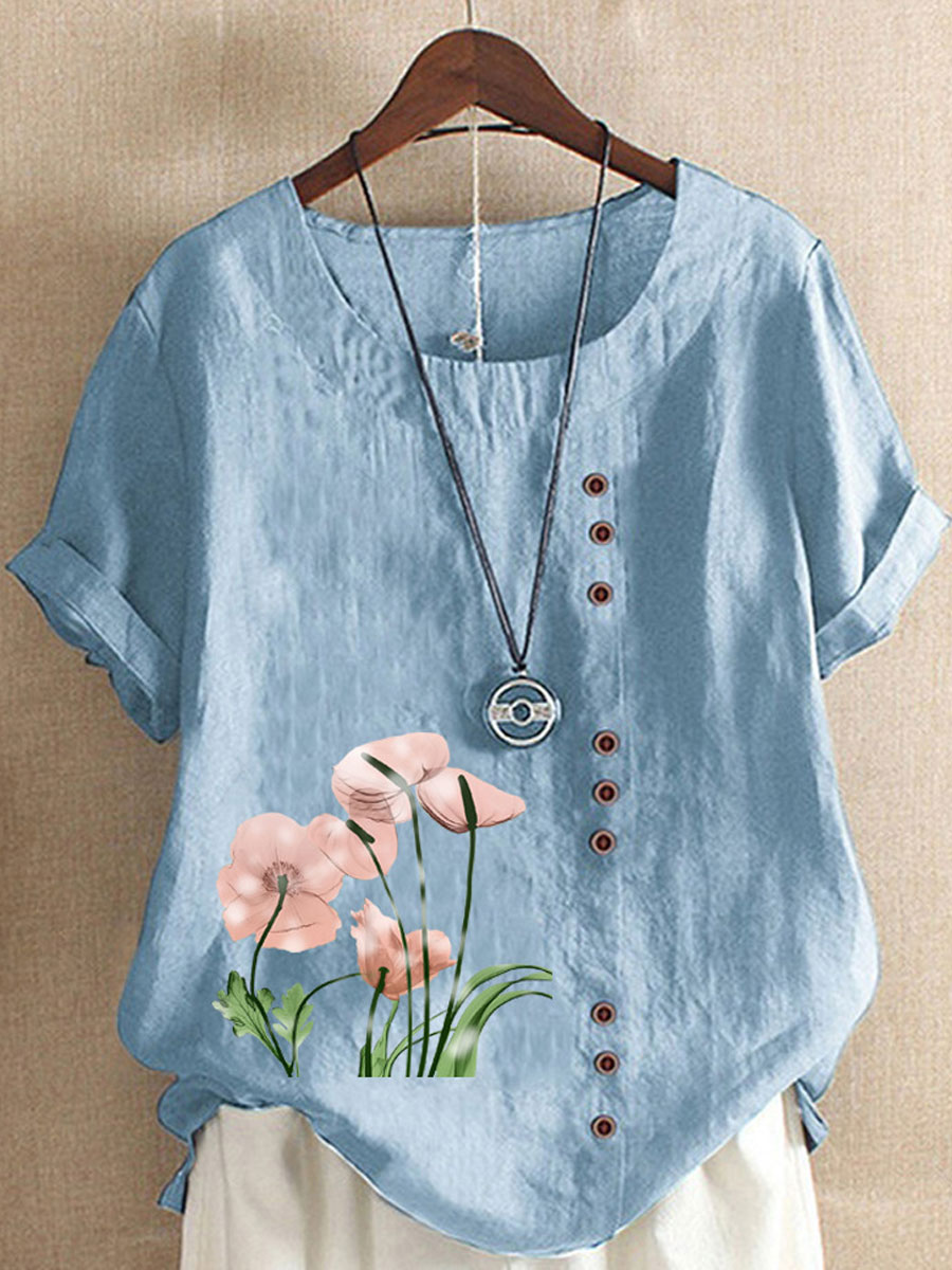 Round Neck Casual Loose Floral Print Short Sleeve Blouse