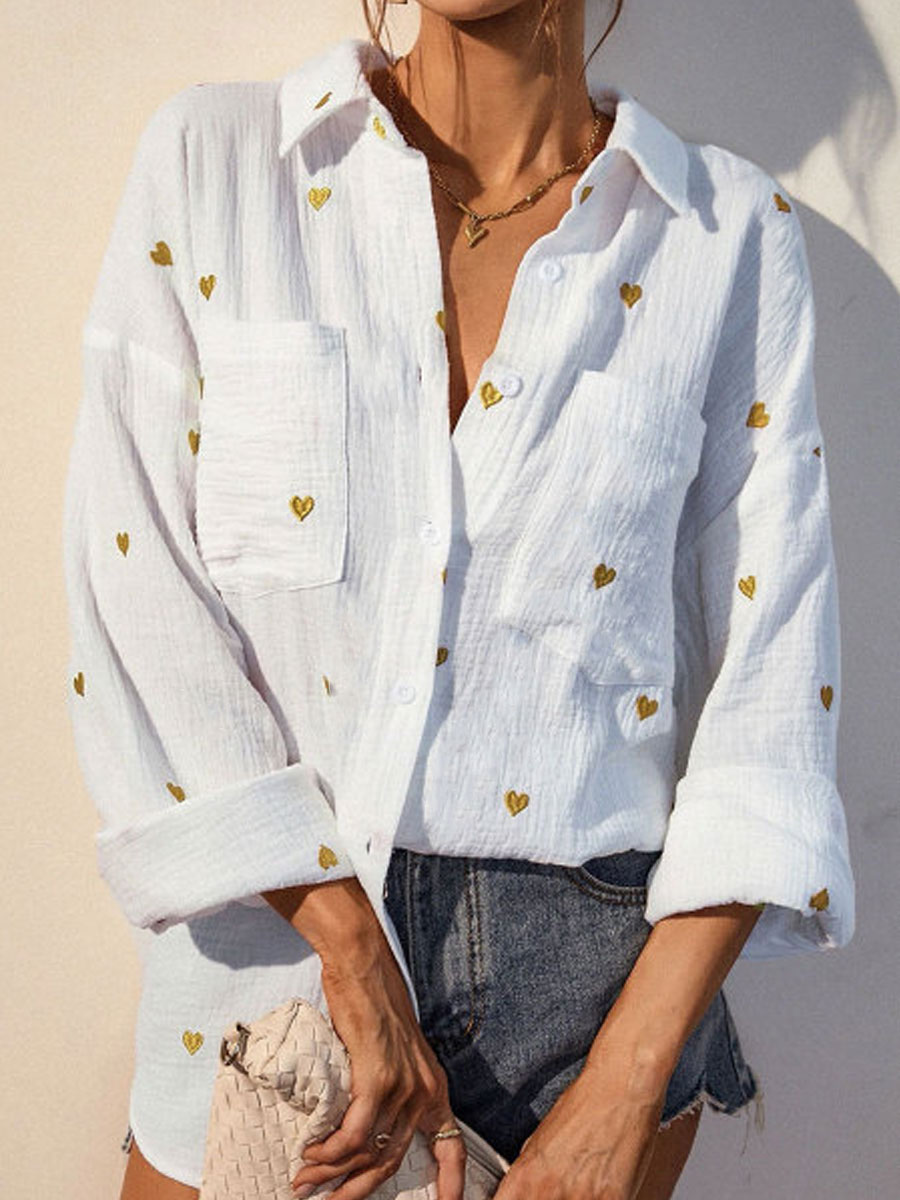 Casual Loose Heart Bronzing Print Long Sleeve Blouse