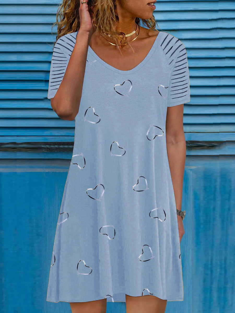 V neck Casual Loose Heart Print Short Sleeve Short Dress