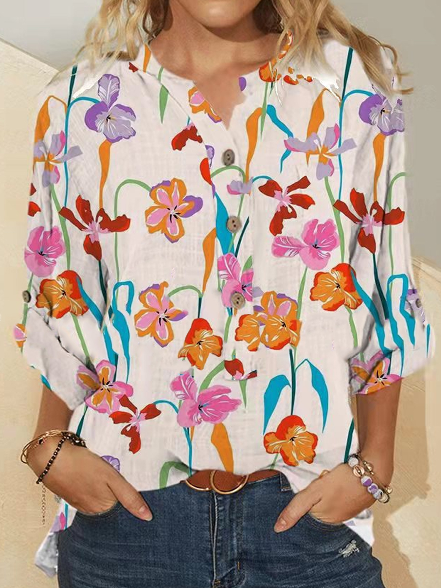 Casual Floral Print V Neck Long Sleeve Shirt