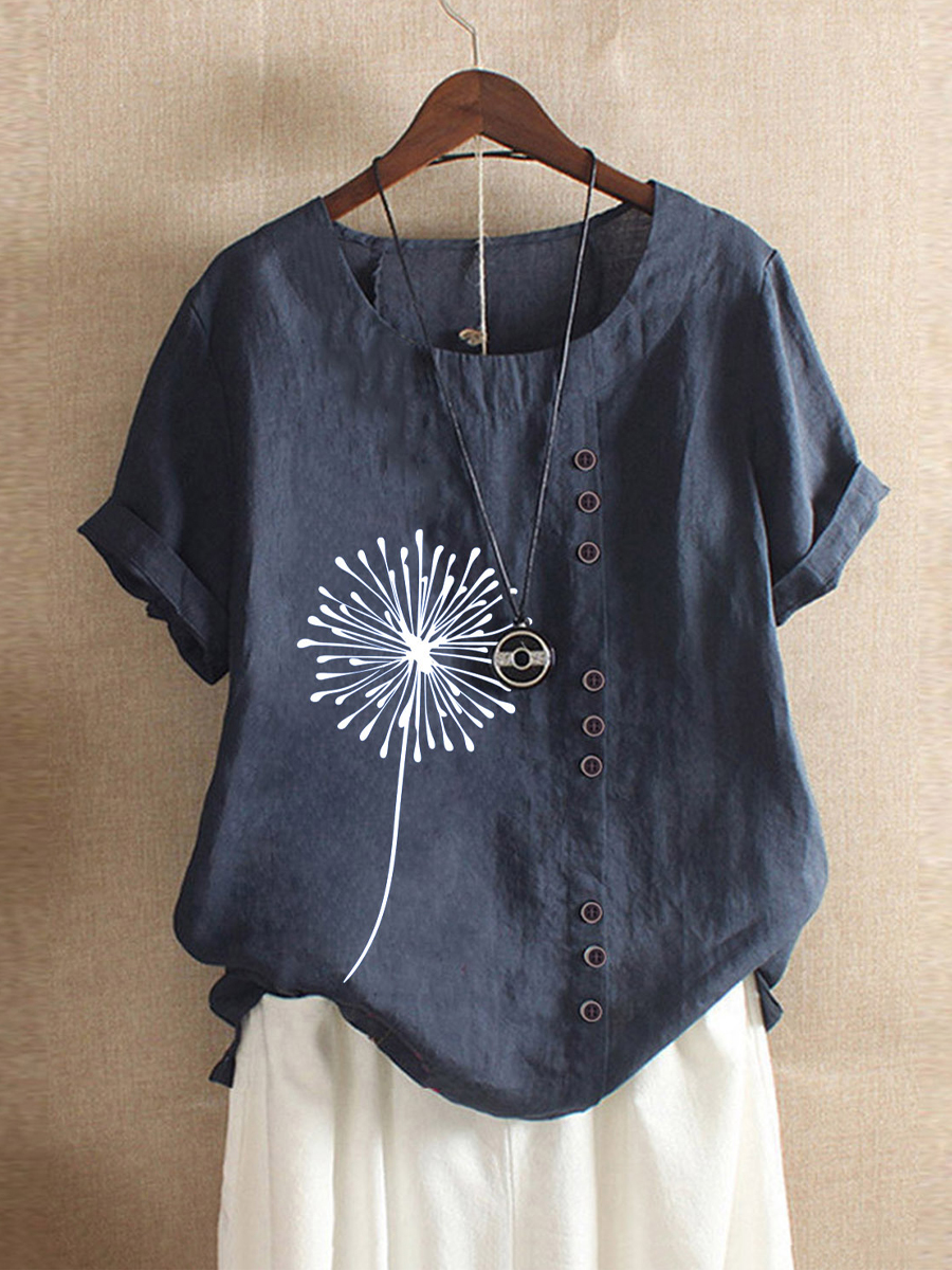 Casual Dandelion Print Crew Neck Short Sleeve Shirt