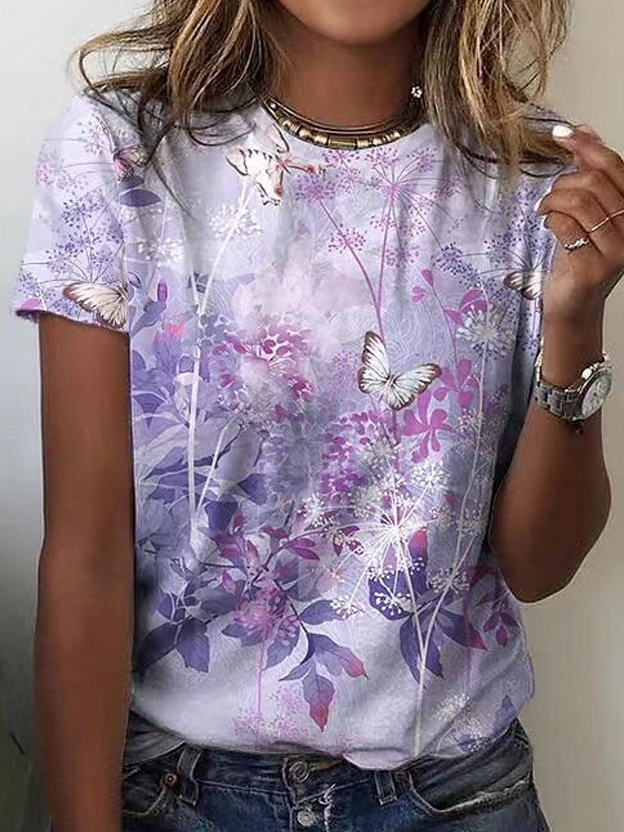 Round Neck Casual Loose Floral Print Short Sleeve T shirt
