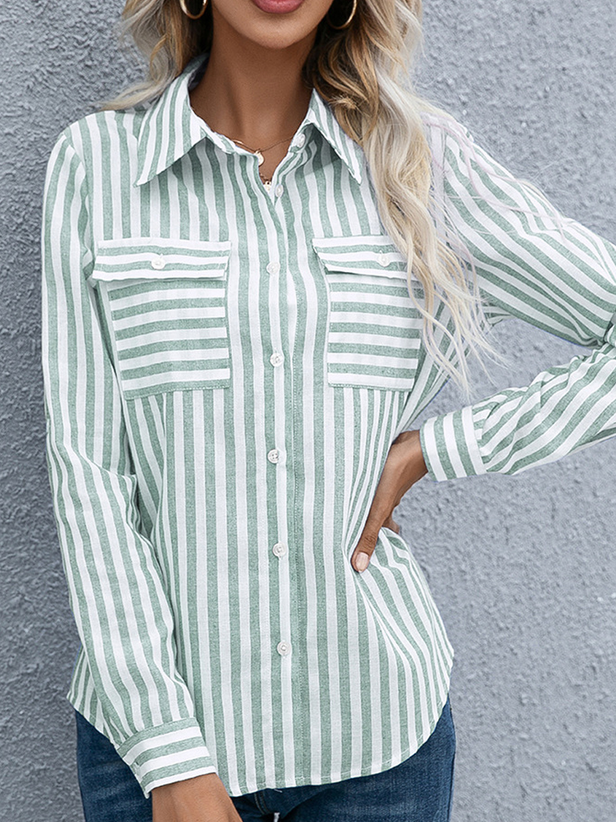 Casual Striped Double Pocket Lapel Long Sleeve Shirt