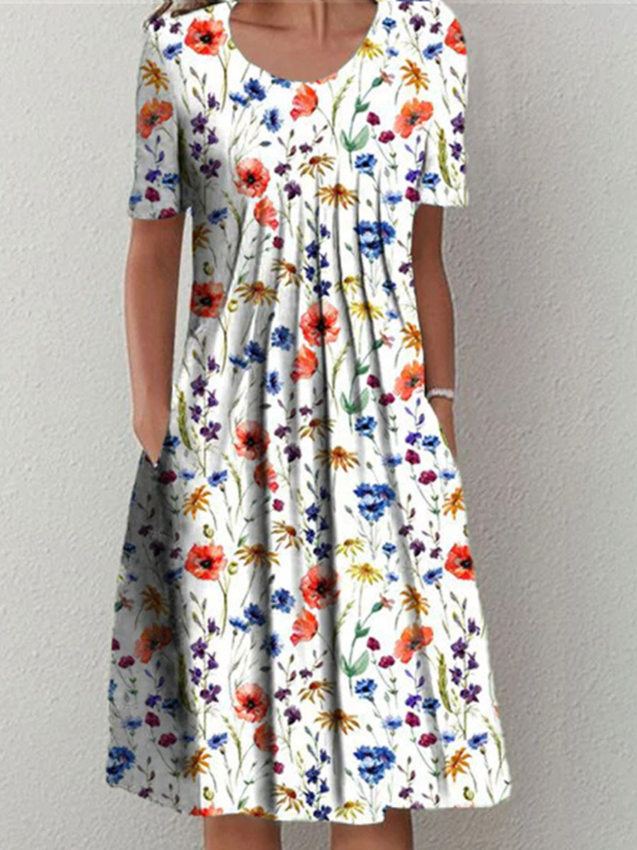 Round Neck Casual Loose Chic Floral Print Short Sleeve Midi Dress