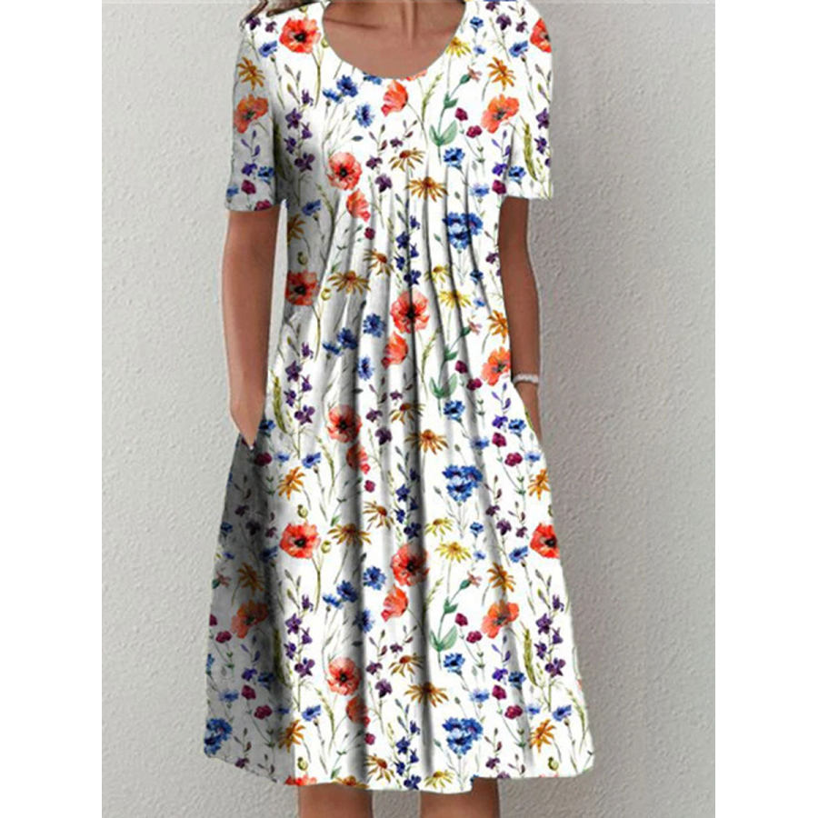 

Round Neck Casual Loose Floral Print Short Sleeve Midi Dress