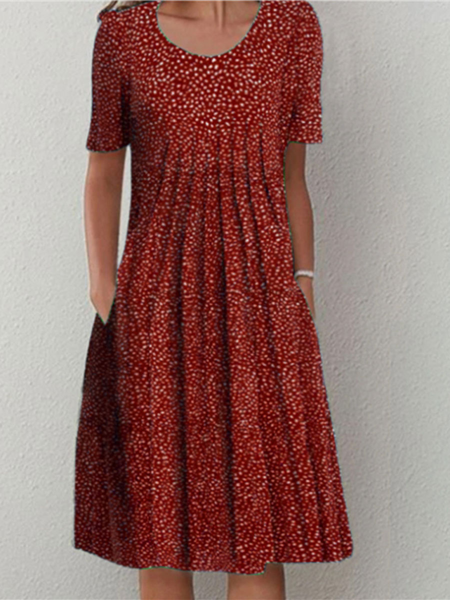 Round Neck Casual Loose Polka Dot Print Short Sleeve Midi Dress