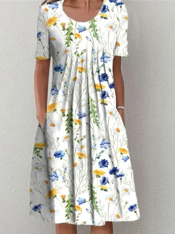 Round Neck Casual Loose Floral Print Short Sleeve Midi Dress - Ininrubyclub.com 
