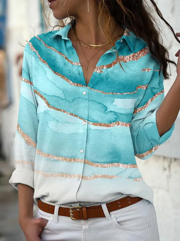Повседневная модная рубашка с длинным рукавом с мраморным принтом и лацканами - Funluc.com 