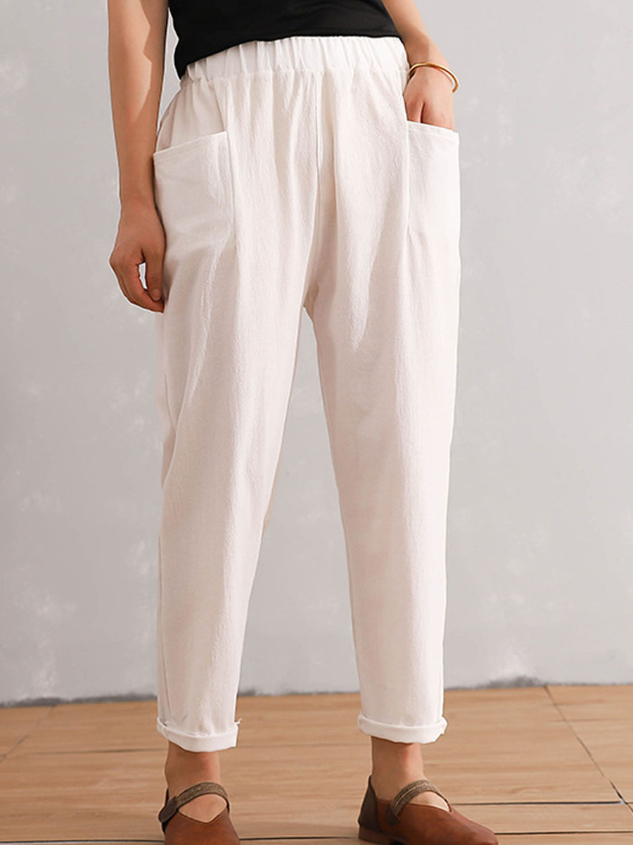 Loose Casual Solid Color Elastic Waist Pants