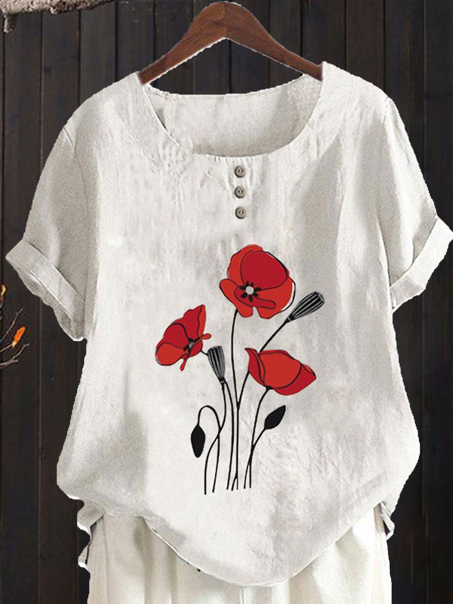 Round Neck Casual Loose Floral Print Short Sleeve Blouse