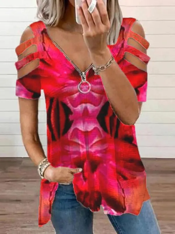 Casual Vintage Print V-Neck Short Sleeve T-Shirt - Oasisjoy.com 