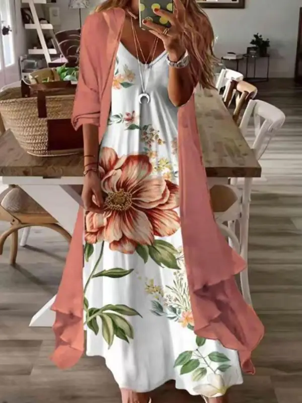 V-neck Casual Loose Floral Print Suit Maxi Dress - Oasisjoy.com 