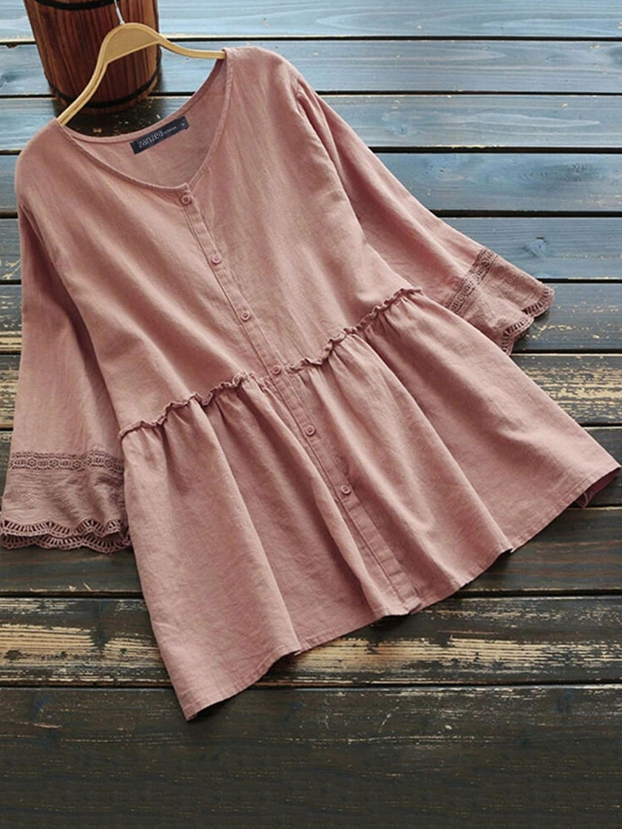 Round Neck Casual Loose Lace Panel Long Sleeve Blouse