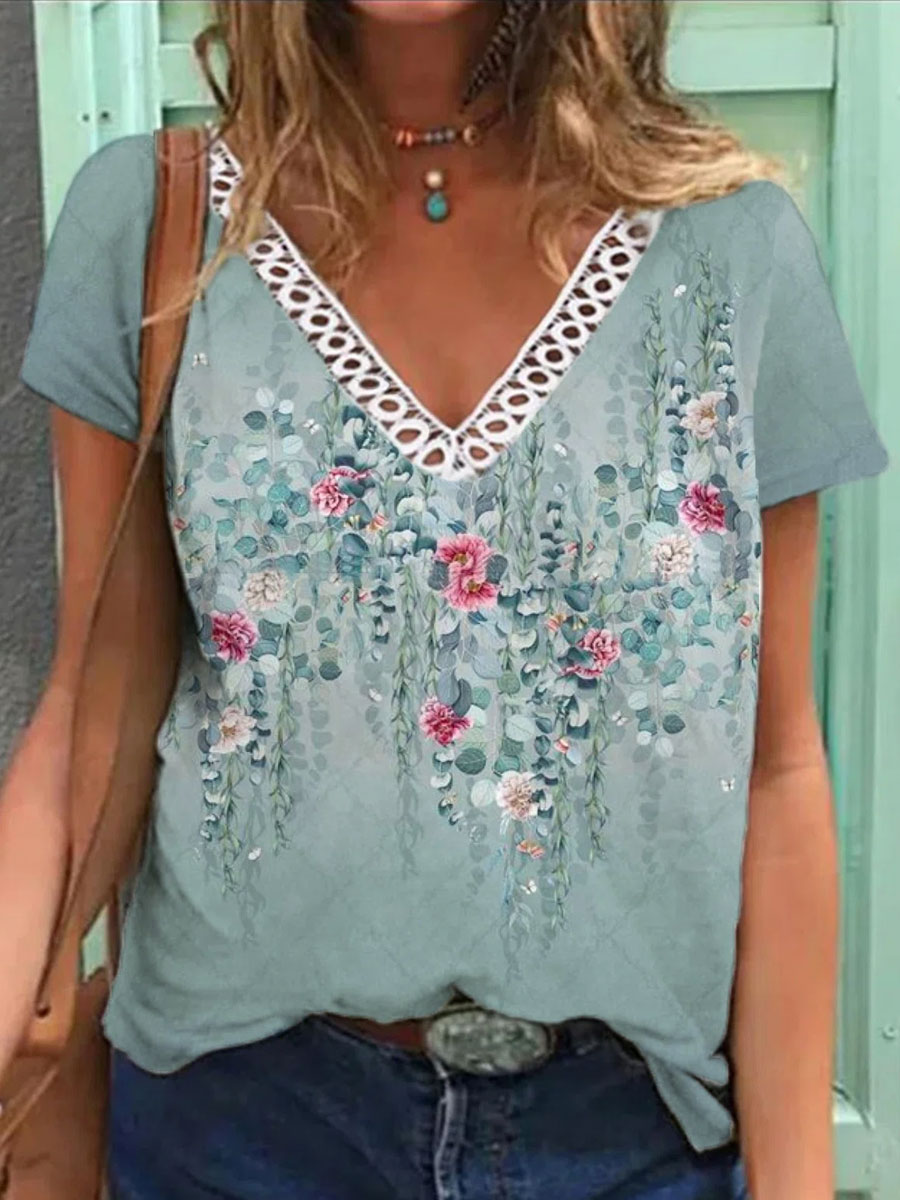 V neck Casual Loose Floral Print Short Sleeve T shirt