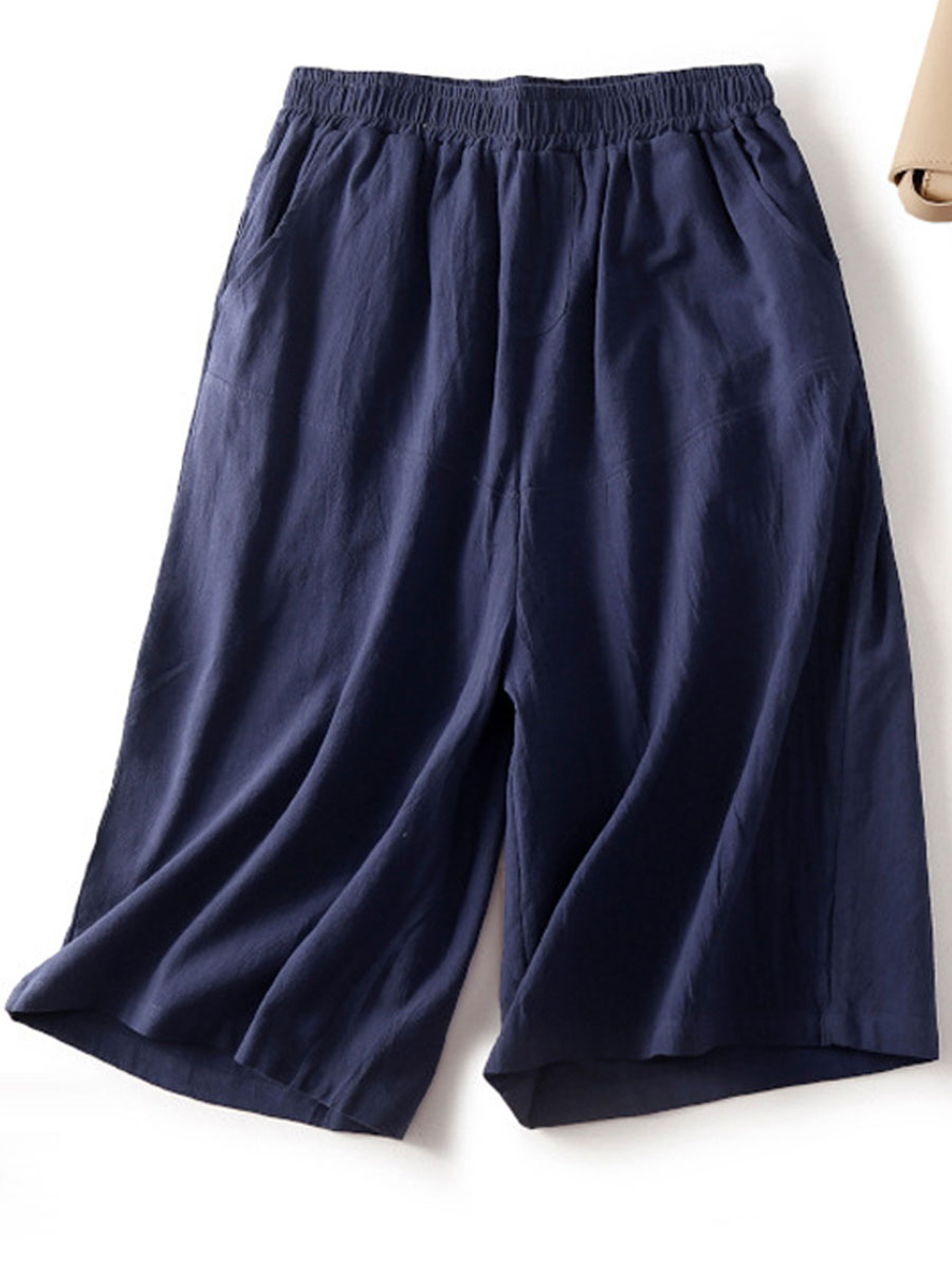 Casual Loose Solid Color Elastic Waist Shorts