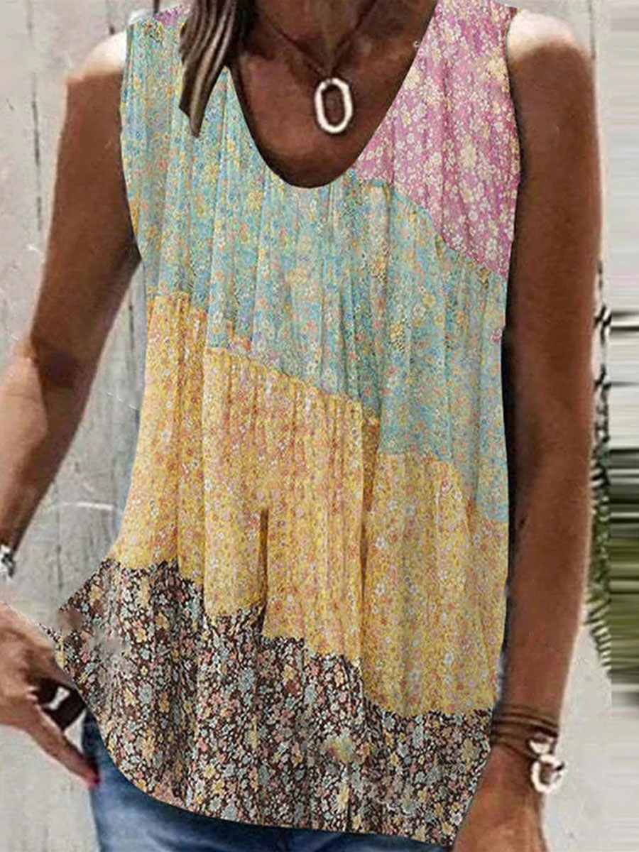 V neck Casual Loose Floral Print Sleeveless T shirt