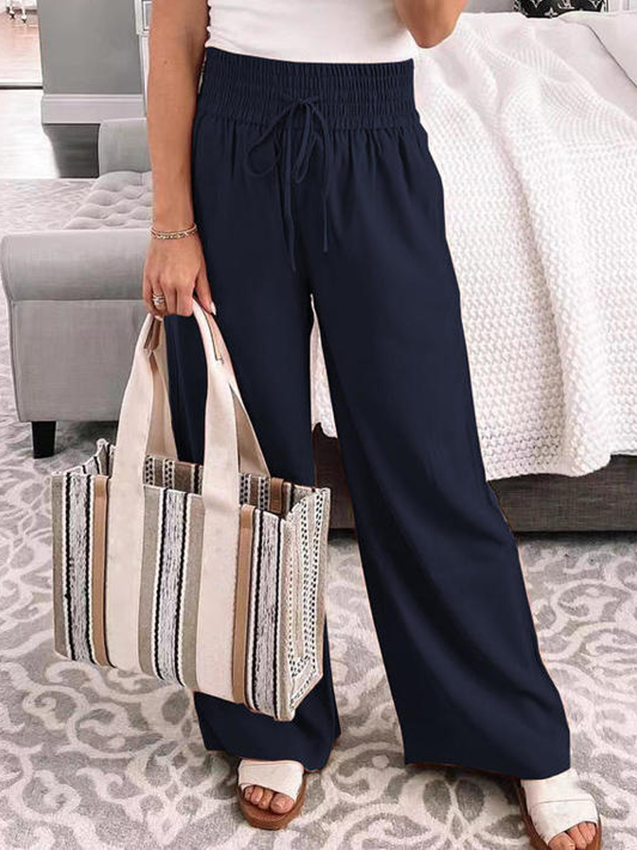 Casual Loose Solid Color Lace Up Wide Leg Trousers