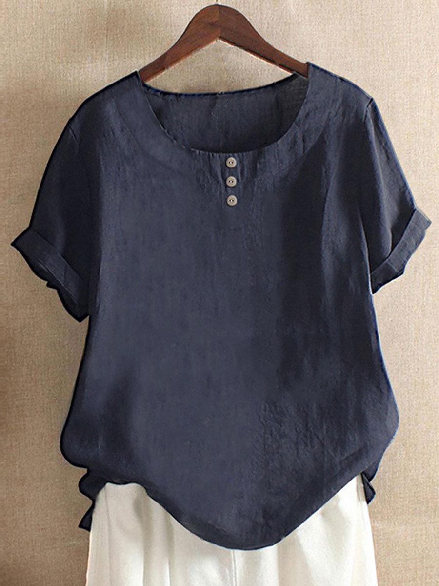Round Neck Casual Loose Solid Color Summer Short sleeved Blouse