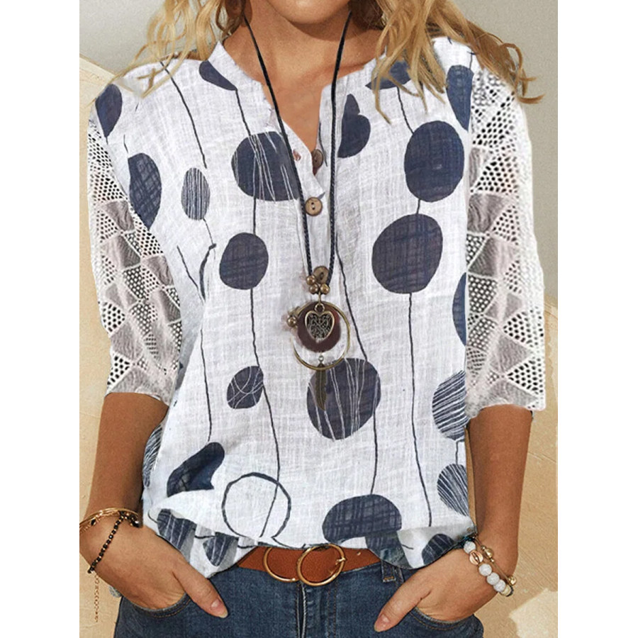 

Vintage Print V Neck Three Quarter Sleeves Blouse