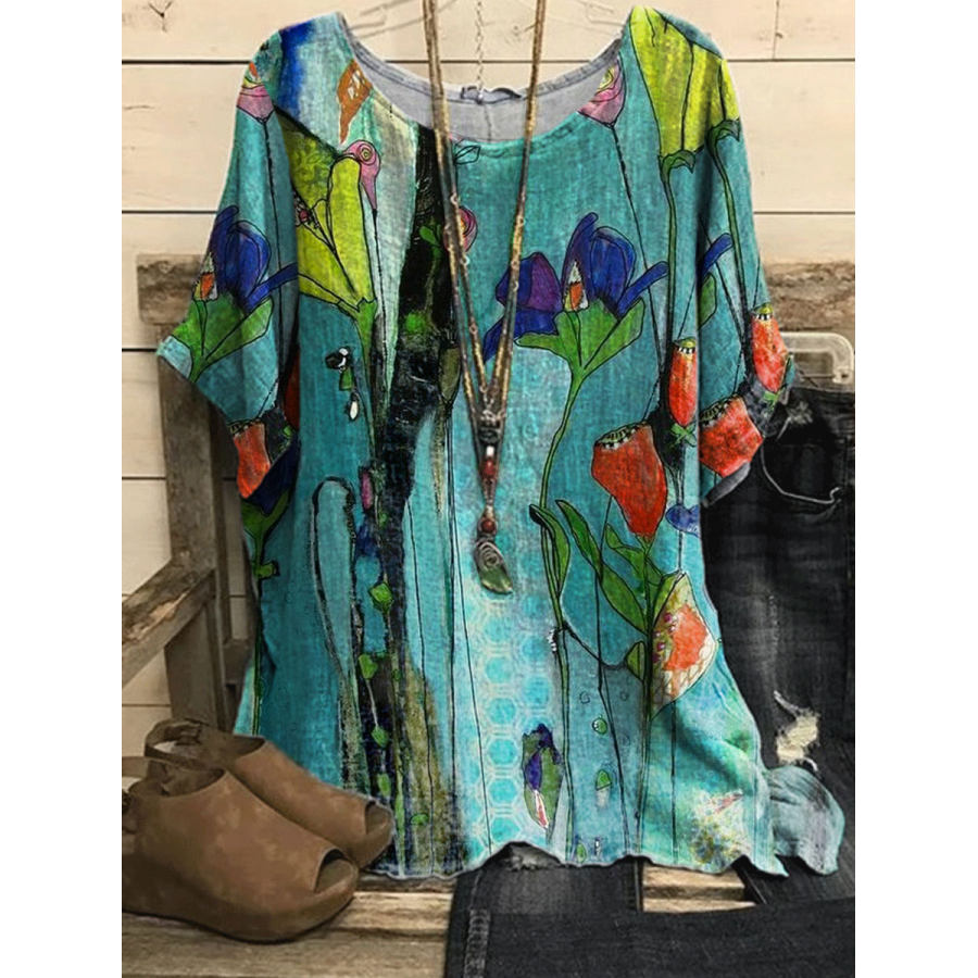 

Round Neck Casual Loose Floral Print Short Sleeve Blouse