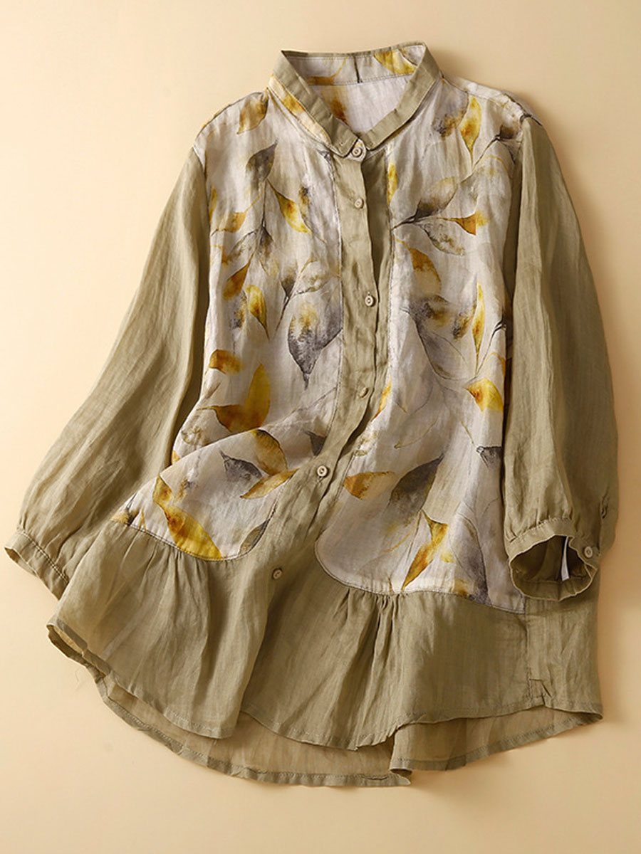 Casual Loose Sunscreen Holiday Print Paneled Long Sleeve Blouse