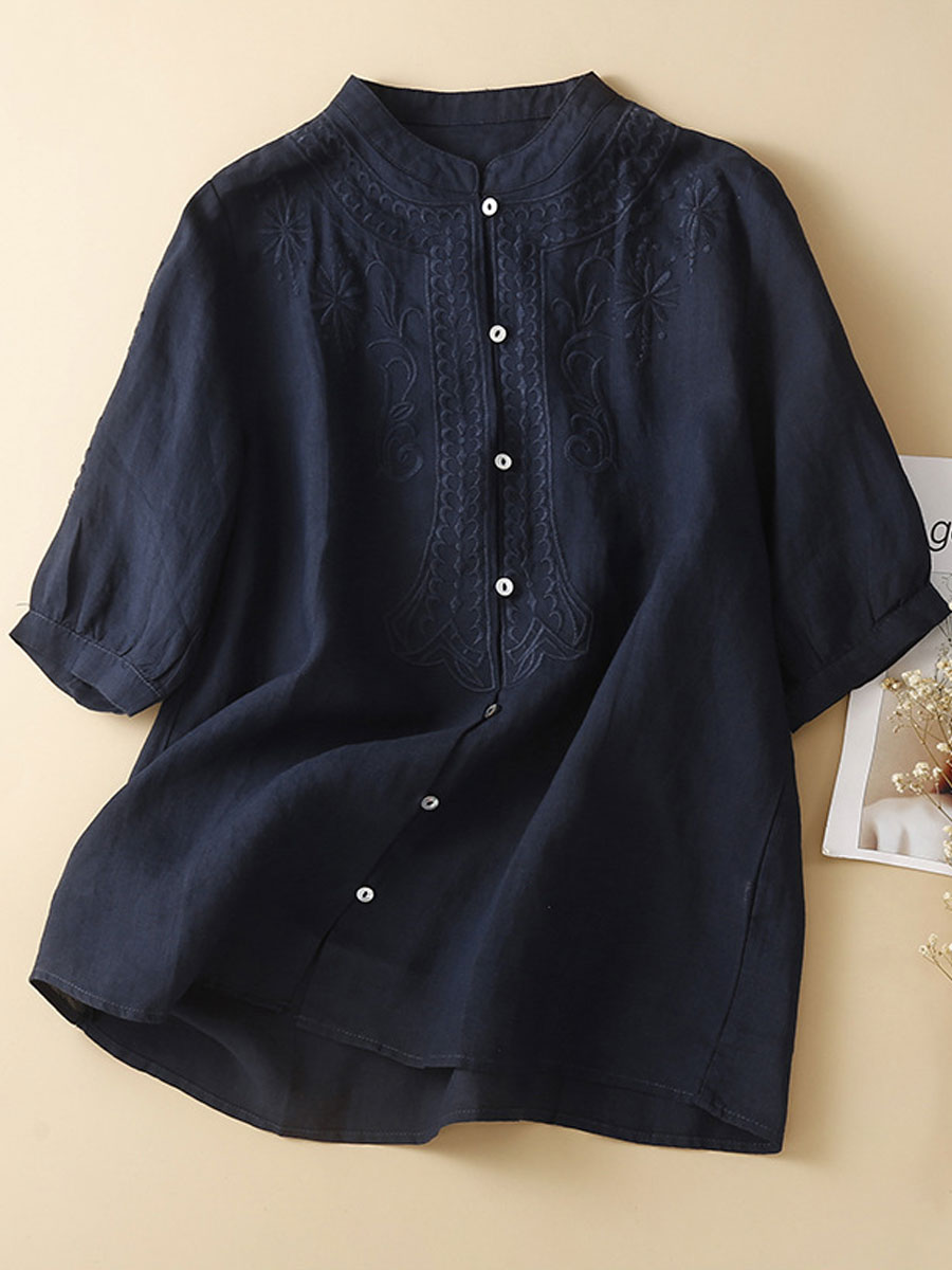 Casual Loose Embroidered Solid Short Sleeve Blouse